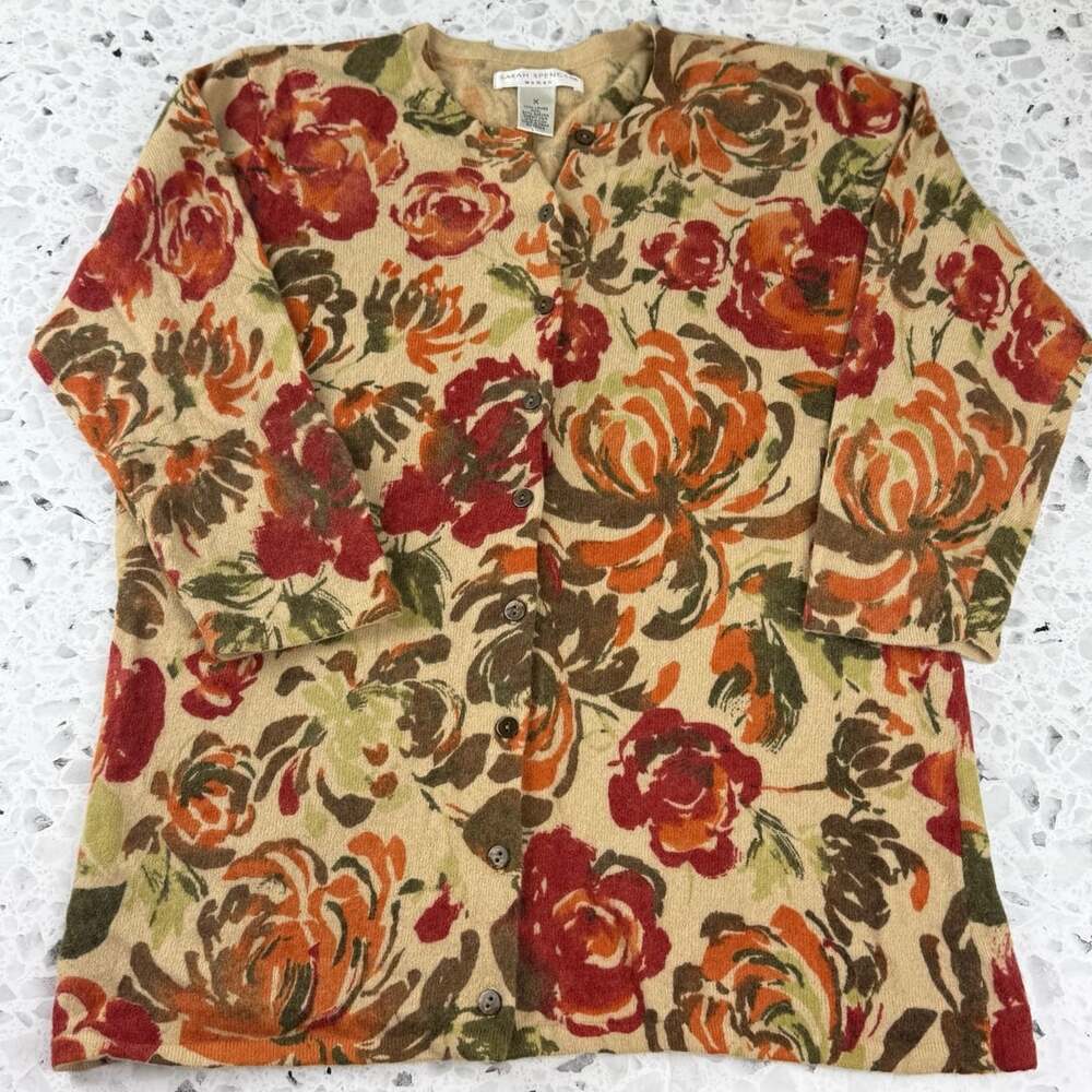 Sarah Spencer Woman Floral Cardigan Size M Beige Red Orange Green Knit Sweater